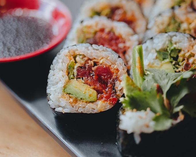 Product: lean tuna dressed with spicy tobanjan and black sesame seeds is rolled with avocado, jalapeno,  cilantro, and a bit of tempura crunch. served with sides of wasabi soy and spicy mayo. available in 5 or 10 pieces. - Sushi San - Reservations in River North - Chicago, IL Japanese Restaurants