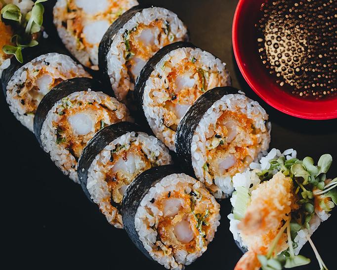 Product: black tiger shrimp are tempura battered, fried crisp, and rolled with korean gochujang mayo, black sesame seeds, green onion and kaiware sprouts. served with side of wasabi soy. available in 5 or 10 pieces. - Sushi San - Reservations in River North - Chicago, IL Japanese Restaurants