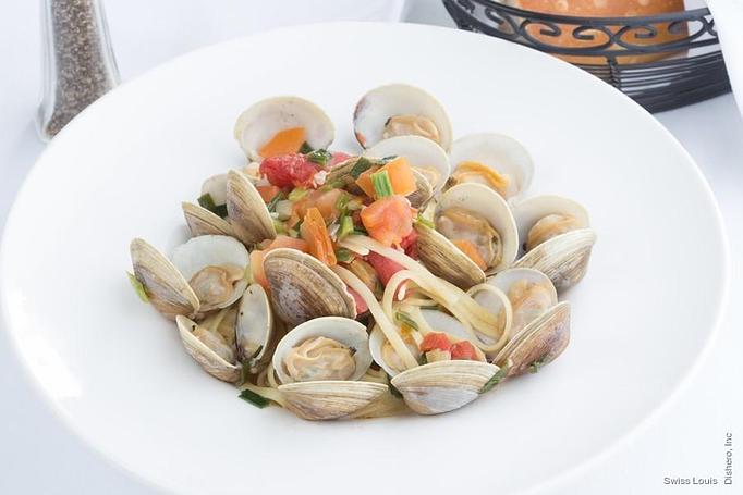 Product: Fresh clams or mussels sautéed in white wine, garlic & butter, served over linguine. - Swiss Louis in San Francisco, CA Restaurants/Food & Dining