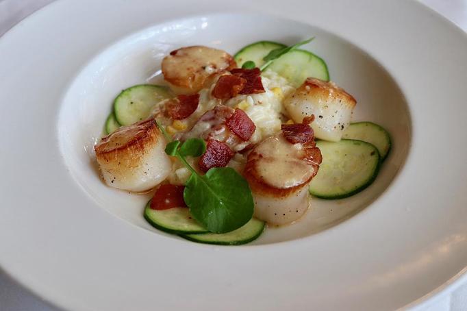 Product: Pan Seared Sea Scallops with Sweet Corn Risotto, Summer Squash, Pancetta, Lemon, Ginger-Chile Butter Sauce - The Waterboy in Sacramento, CA American Restaurants
