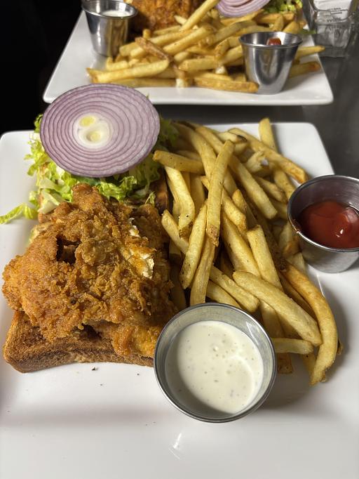 Product: 6oz fried chicken breast in “Nashville Hot” seasonings,
served on Texas toast with ranch & fries. - Midtown Cafe in Nashville, TN American Restaurants Product: 6oz fried chicken breast in “Nashville Hot” seasonings,
served on Texas toast with ranch & fries. - Midtown Cafe in Nashville, TN American Restaurants