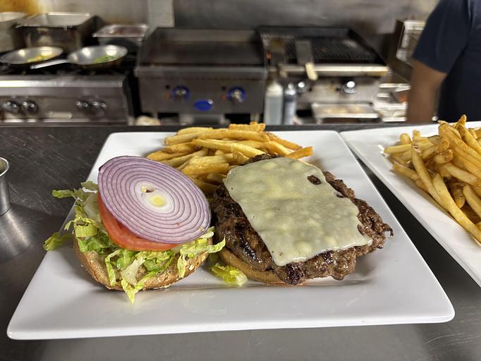 Product: ½ lb ground beef patty with traditional toppings including mayonnaise and mustard
with your choice of cheddar, Swiss, or pepper jack cheese with fries. - Midtown Cafe in Nashville, TN American Restaurants Product: ½ lb ground beef patty with traditional toppings including mayonnaise and mustard
with your choice of cheddar, Swiss, or pepper jack cheese with fries. - Midtown Cafe in Nashville, TN American Restaurants