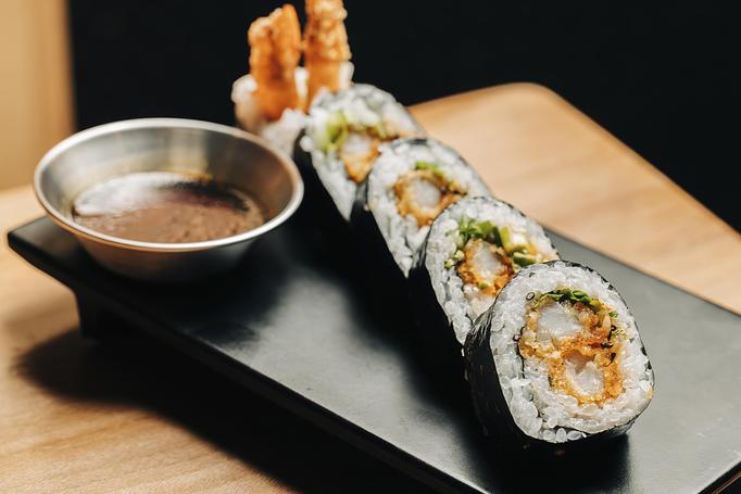 Product: black tiger shrimp are tempura battered, fried crisp, and rolled with korean gochujang mayo, black sesame seeds, green onion and kaiware sprouts. served with side of wasabi soy. available in 5 or 10 pieces. - Sushi San - Reservations in River North - Chicago, IL Japanese Restaurants