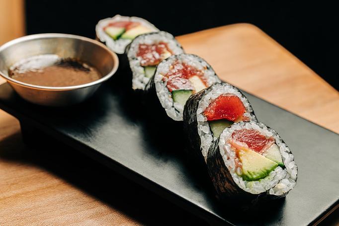 Product: lean akami tuna and fatty tuna belly are rolled with cucumber, avocado, and sesame seeds. served with side of wasabi soy. available in 5 or 10 pieces. - Sushi San - Reservations in River North - Chicago, IL Japanese Restaurants