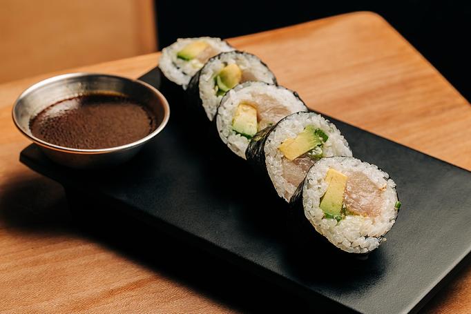 Product: japanese yellowtail is rolled with avocado, cucumber, and yuzu kosho vinaigrette. served with side of wasabi soy. available in 5 or 10 pieces. - Sushi San - Reservations in River North - Chicago, IL Japanese Restaurants
