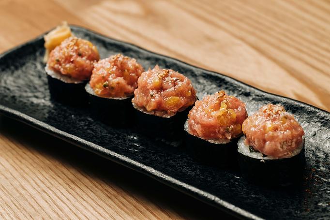 Product: there's not such thing as too much tuna. Akami and chutoro cuts of Spanish Bluefin are rolled and topped with an otoro "tartare" that includes a bit of sansho pepper and pickled daikon. - Sushi San - Reservations in River North - Chicago, IL Japanese Restaurants