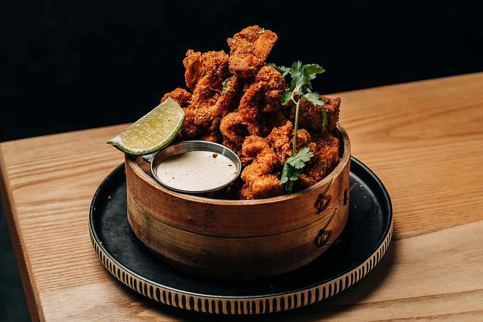 Product: with a nod to japanese karaage, we take juicy, marinated chicken thighs and toss in a breading seasoned by our signature S+P. homemade lime kosho aioli served on the side - Sushi San - Reservations in River North - Chicago, IL Japanese Restaurants