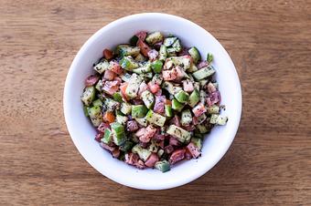 Product: Shirazi salad is papular iranian salad. made with fresh diced tomato, cucumber, onion and dressed with oil and lemon and meant seasoning. - Aiden's Grill in la crescenta / montrose / sunlandtujunga  /goendale - Glendale, CA Mediterranean Restaurants