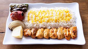 Product: Chicken thighs kabob, (dark meat) daily well marinaded with dairy, onion, lemon juice, oil and authentic Persian seasoning cook on open flame to perfection. - Aiden's Grill in la crescenta / montrose / sunlandtujunga  /goendale - Glendale, CA Mediterranean Restaurants