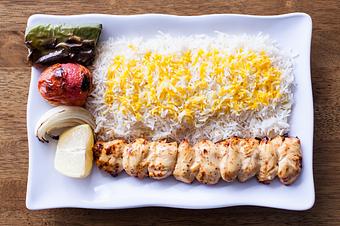 Product: Chicken breast kabob plate,(tenderloin) (white meat) daily well marinaded with dairy, onion, lemon juice, oil and authentic Persian seasoning cook on open flame to perfection. - Aiden's Grill in la crescenta / montrose / sunlandtujunga  /goendale - Glendale, CA Mediterranean Restaurants