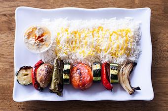 Product: fresh cut mix veggie kabob plate, is a vegetarian and vegan option, seasoned well cook on open flame to perfection. - Aiden's Grill in la crescenta / montrose / sunlandtujunga  /goendale - Glendale, CA Mediterranean Restaurants
