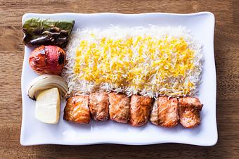 Product: salmon kabob, daily well marinaded with. oil, lemon juice and authentic persian seasoning cook on open flame to perfection. - Aiden's Grill in la crescenta / montrose / sunlandtujunga  /goendale - Glendale, CA Mediterranean Restaurants