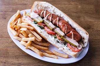 Product: German sausage sandwich (dip fry) made with, cayenne hot pepper, mayo, parsley, tomato, pickles, lettuce, on French roll - Aiden's Grill in la crescenta / montrose / sunlandtujunga  /goendale - Glendale, CA Mediterranean Restaurants