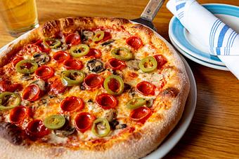 Product: New York Style Pizza - Pepperoni Mushroom Jalapeno - Blue Pan Pizza in South Golden - Golden, CO American Restaurants