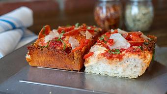 Product: Gluten-Friendly Detroit Style Pizza - crumb frico - Blue Pan Pizza in Congress Park - Denver, CO Dessert Restaurants Product: Gluten-Friendly Detroit Style Pizza - crumb frico - Blue Pan Pizza in Congress Park - Denver, CO Dessert Restaurants