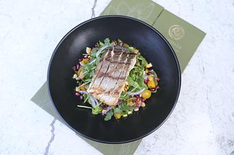 Product: Farmer's Salad with Seared Salmon Filet - Essensia Restaurant at The Palms Hotel & Spa in Miami Beach - Miami Beach, FL Global Restaurant