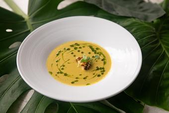 Product: Corn & Leek Velouté Soup - Essensia Restaurant at The Palms Hotel & Spa in Miami Beach - Miami Beach, FL Global Restaurant