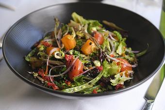 Product: French Lentil, Hammock Greens Lettuce, Sun Dried Tomato, Green Beans, Persimmon, Blistered Tomato, Scallions, Herb Red Wine Vinaigrette - The Palms AVEDA Spa in Miami Beach - Miami Beach, FL Beauty Salons