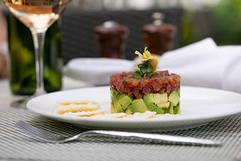 Product: Yellowfin Tuna, Candied Ginger, Fresno Pepper, Asian Pickled Pear, Avocado, Ponzu Dressing, Homemade Taro Chips - The Palms AVEDA Spa in Miami Beach - Miami Beach, FL Beauty Salons