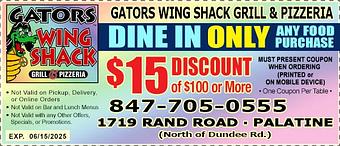 Product: Save $15 when you spend $100 or more. For more information, please read on the coupon. - Gators Wing Shack Grill & Pizzeria in Palatine, IL American Restaurants
