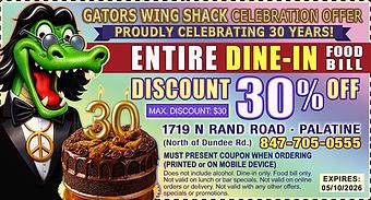 Product: Save 30% on your ENTIRE DINE-IN FOOD BILL. Maximum $30 discount. For more information, please read on the coupon. - Gators Wing Shack Grill & Pizzeria in Palatine, IL American Restaurants