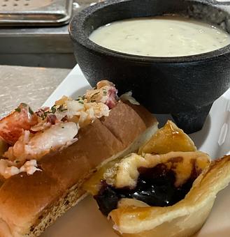 Product: Mini Lobster Roll Bake - Lobster Roll, Clam Chowder, and Blueberry Tart. Oh, so delicious! - Geddy's in Downtown Bar Harbor, just steps from the town pier. - Bar Harbor, ME American Restaurants