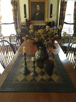 Interior: Want to come for dinner?  Great William & Mary table flanked by Windsor chairs. - Just A Little Bit Country & Log Cabin Hooked Rugs in Waukesha, WI Cabins Cottages & Chalet Rental