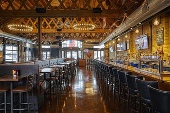 Interior: East View of our 57' bar - Mickey Finn's Brewery in Downtown Libertyville - Libertyville, IL Pizza Restaurant