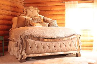 Interior: Antiqued Mirror Bed with custom bedding - designed by Nikki Frazier. - Panache in Wolflin Village - Amarillo, TX Business Services