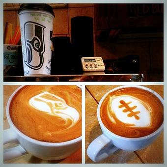 Product: Proud fans of the Seattle Seahawks - Fun with latte art - Adagio Bean & Leaf in East Sequim - Sequim, WA Coffee, Espresso & Tea House Restaurants