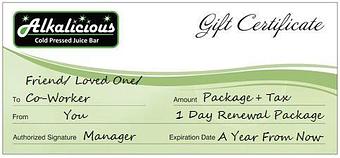 Product: Gift certificates are a perfect way to share the gift of health! - Alkalicious Cold Pressed Juice Bar in Greenbrier East - Chesapeake, VA Organic Restaurants