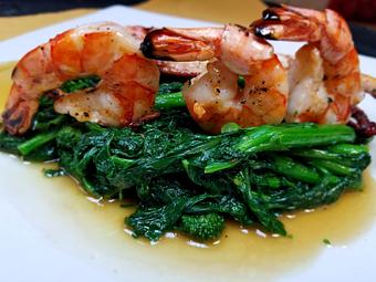 Product: Grilled Shrimp over broccoli rabe - Amore Ristorante in Woodland Park, NJ Italian Restaurants