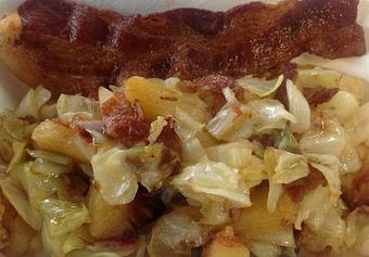 Product: Bacon, Cabbage & Pineapple Saute, finished sweet & spicy with River Wave Foods My Thai Salsa and pineapple juice. - Bacon PDX in Hollywood - Portland, OR American Restaurants