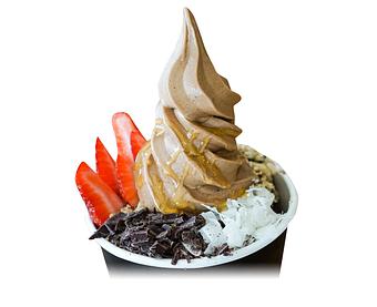 Product: Chocolate Macadamia Nut Banán topped with local dark chocolate chunks, shaved coconut, granola, sliced strawberries, and honey - Banán - University Store in Honolulu, HI Vegan Restaurants