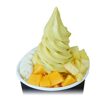 Product: Olena Banán (turmeric + ginger) topped with shaved coconut, papaya, pineapple, sliced banana, and honey - Banán - University Store in Honolulu, HI Vegan Restaurants