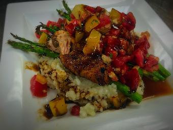 Product: heirloom tomato grilled salmon - BC Bistro in Kansas City, MO American Restaurants