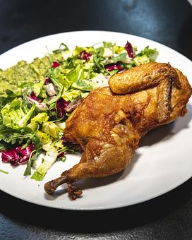Product: Crispy Free Range Chicken, Pea & Pistachio Pesto, County Line Lettuces - Bello by Sandro Nardone in Newport Beach, CA Bars & Grills