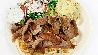 Product: Gyro Plate w/ Greek Salad and Pilaf Rice - BJ's Grill in Torrance, CA Greek Restaurants