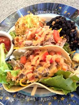 Product: Fresh Kalua Pork Tacos - Brennecke's Beach Broiler in Poipu Beach Park - Koloa, HI American Restaurants