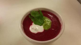 Product: Garden beet and celery soup with horseradish cream and celery puree. - Buffleheads Restaurant At Hills Beach in Biddeford, ME American Restaurants