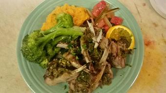 Product: Grilled lamb rack with garden herb salsa verde. - Buffleheads Restaurant At Hills Beach in Biddeford, ME American Restaurants