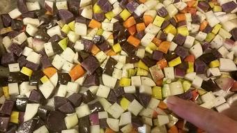Product: Roasted blue potatoes, carrots and turnips from our gardens right behind the restaurant! - Buffleheads Restaurant At Hills Beach in Biddeford, ME American Restaurants