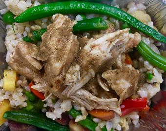 Product: Jamaican Jerk Chicken - chicken slow cooked with the perfect blend of heat, citrus, savory, and a hint of sweet. served with a coconut rum roasted vegetables and rice - Canihaveabite in Plaza - Kansas City, MO Health Food Restaurants