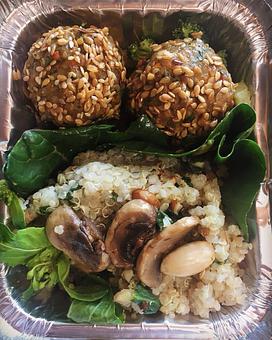 Product: 5 Pepper Asian Twist - 5 pepper chicken sesame bites, garlic ginger vegetables, almond basil quinoa wrapped in pac choi topped with sautéed mushrooms - Canihaveabite in Plaza - Kansas City, MO Health Food Restaurants