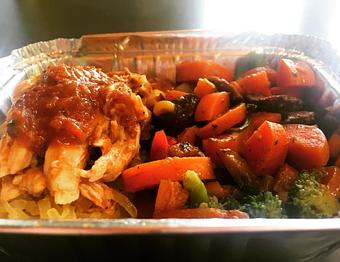 Product: Habanero Chicken - Shredded oven roasted chicken marinaded in a tomato and habanero sauce, served over spaghetti squash with a side of a Mexican inspired vegetable medley - Canihaveabite in Plaza - Kansas City, MO Health Food Restaurants