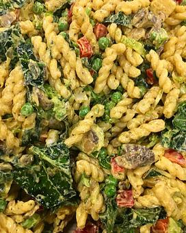 Product: Vegan Mac n Cheese - organic Italian pasta, seasoned cashew "cheese", sautéed mushrooms and onion, bell peppers, brussels sprouts. - Canihaveabite in Plaza - Kansas City, MO Health Food Restaurants