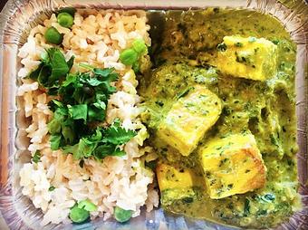 Product: Saag Paneer - paneer in a spinach and collard green cream sauce topped with almonds and served with turmeric rice and curried vegetables - Canihaveabite in Plaza - Kansas City, MO Health Food Restaurants