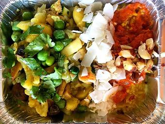 Product: Curried Chicken w/ Tomato Chutney - pasture raised chicken, organic mushrooms, onions, summer squash, heirloom potatoes, cilantro, coconut milk, lime juice  and seasonings. organic brown rice, coconut, coconut oil and roasted hazelnuts - Canihaveabite in Plaza - Kansas City, MO Health Food Restaurants