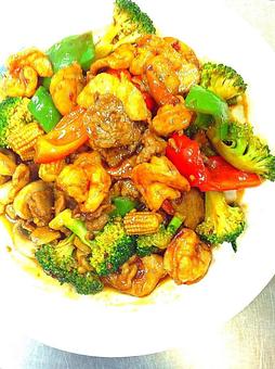 Product: Chicken ,shrimp ,and beef with mix veg (red , green pepper , baby corn,  carrots, broccoli ,water chase nut ...). In spicy brown Hunan sauce.  We also can make the way you want , for example : we can make it less spicy , more spicy or no spice... - China A Restaurant in Houston, TX Chinese Restaurants