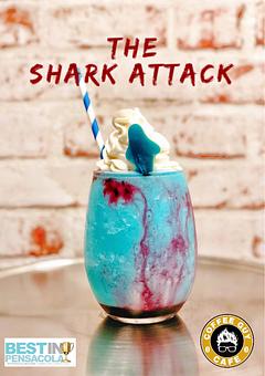 Product: ***Jaws Theme Song inserted here. A frozen blended beverage of lemonade and blue raspberry with drizzles of cherry syrup demonstrating the attack! You will love it! - Coffee Guy Cafe in Pensacola, FL Coffee, Espresso & Tea House Restaurants